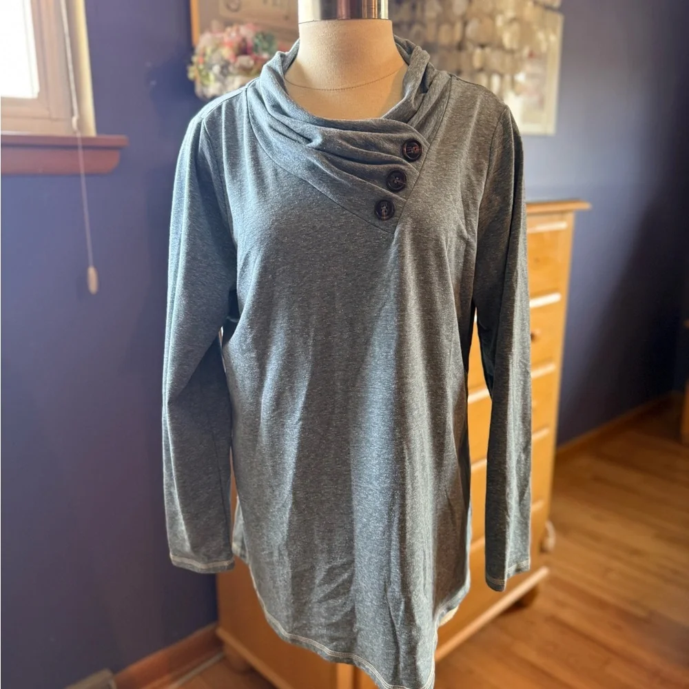 Soft surroundings, tunic crown neck with buttons, large blue, long sleeves - Picture 2 of 5